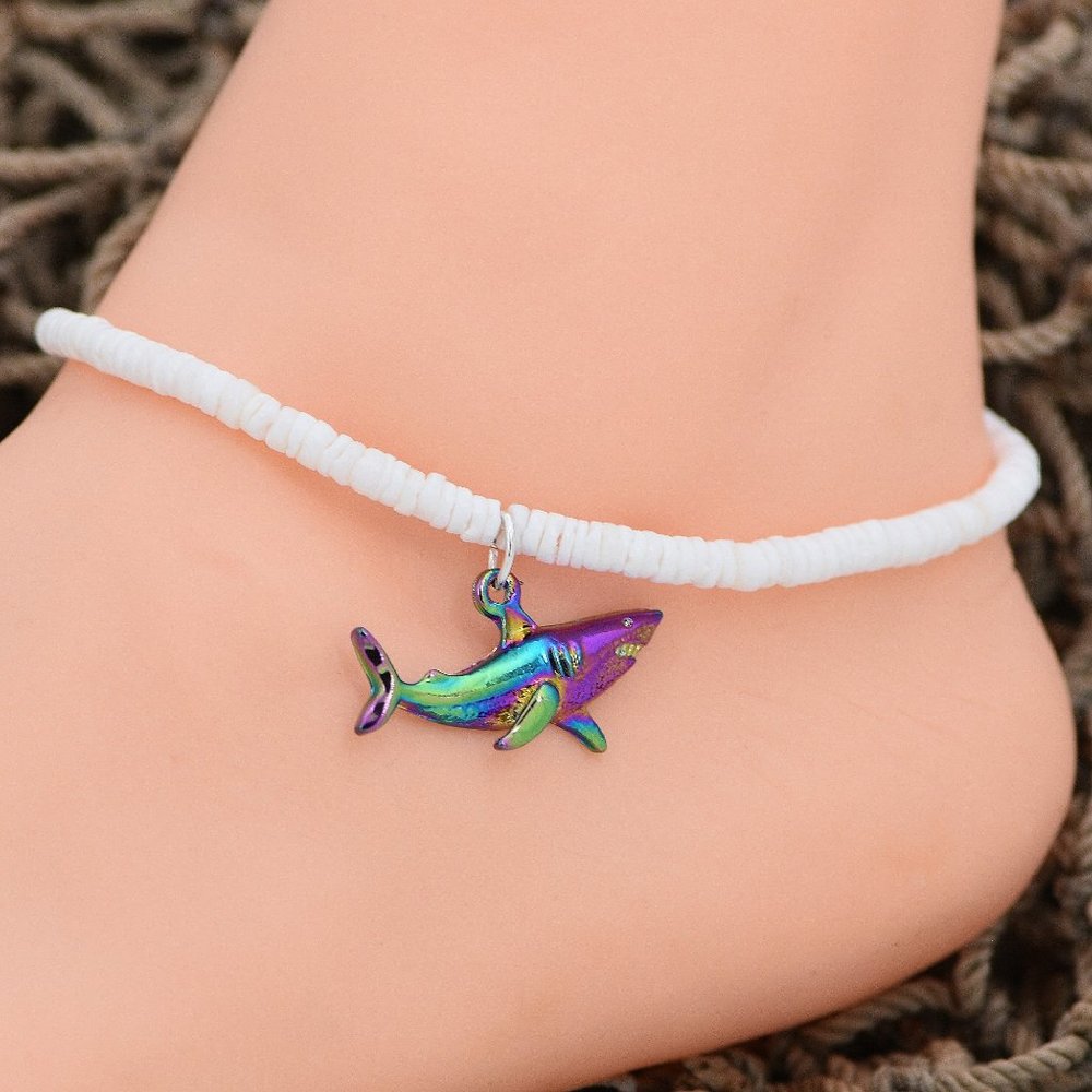 Rainbow Shark Puka Shell Anklet, Adjustable, White 3-4mm Shell Beads, 9" to 12"